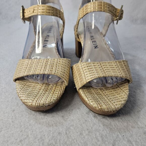 ANN KLEIN Raftan Sandals Sz 8 "Peony" Beige Block Stacked Heel Ankle Strap - Picture 4 of 5